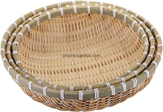 Bamboo Basket Tray Set, Natural Hadewoven Round Woven Fruit Basket, Wicker Bread Basket Small Bamboo Serving Tray for Bread, Fruit, Snack