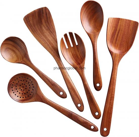 Wooden Utensils for Cooking, Natural Teak Wood Non-Stick Cooking Spoons, Comfort Grip Wood Utensils Set for Kitchen