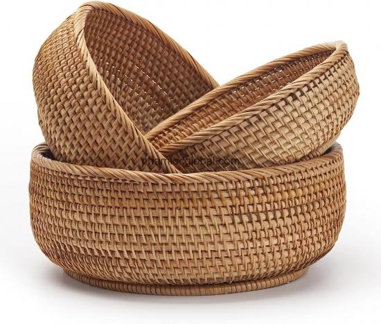 Round Rattan Fruit Baskets Woven Storage Bowls Key Holder Stackable for Shelf Kitchen Tabletop Natural