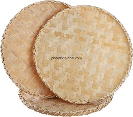 Handmade Bamboo Woven Basket Tray, Flat Wicker Round Fruit Basket Woven Food Storage Shallow Tray Decorative Serving Tray Wall Hanging Baskets for Breakfast, Snacks