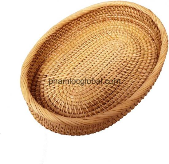 Hand-woven Basket Bowls, Oval Wicker Serving Tray Fruit Bowl, Bread Basket, Food Storage Bowls, Rattan Tray for Coffee Table Decor, Snack, Vegetable, Brown