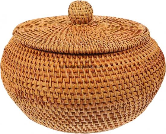 Round Rattan Boxes with Lid Hand Woven Serving Bowl Basket Natural Storage Jar Wicker Organizer Bin Pot Caddy for Coffee Candy Tea Snack