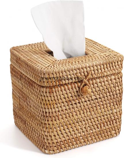 Rattan Square Tissue Box Cover, Decorative Woven Facial Tissue Holder with Hinged Top Lid, Natural Color