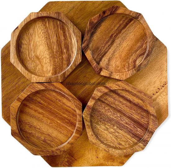 Wooden Charcuterie, Cutting, Serving Board, Wood Trivet, Tray, Appetizer Platter, Octagonal Charger, Stand for Hot Plates, Plants and Decorative Display, 4 Matching Coaster